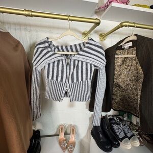 Fashion Nova Black and White Striped Off-the-Shoulder Sweater